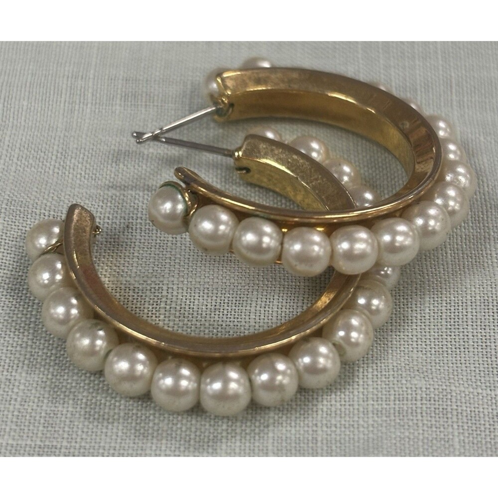 Vintage Gold Tone Beaded Pearl Hoop Earrings Classic Elegant Statement Jewelry